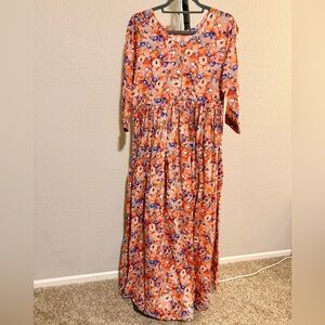 100% Cotton Floral Maxi Dress with Orange and Blue Accents